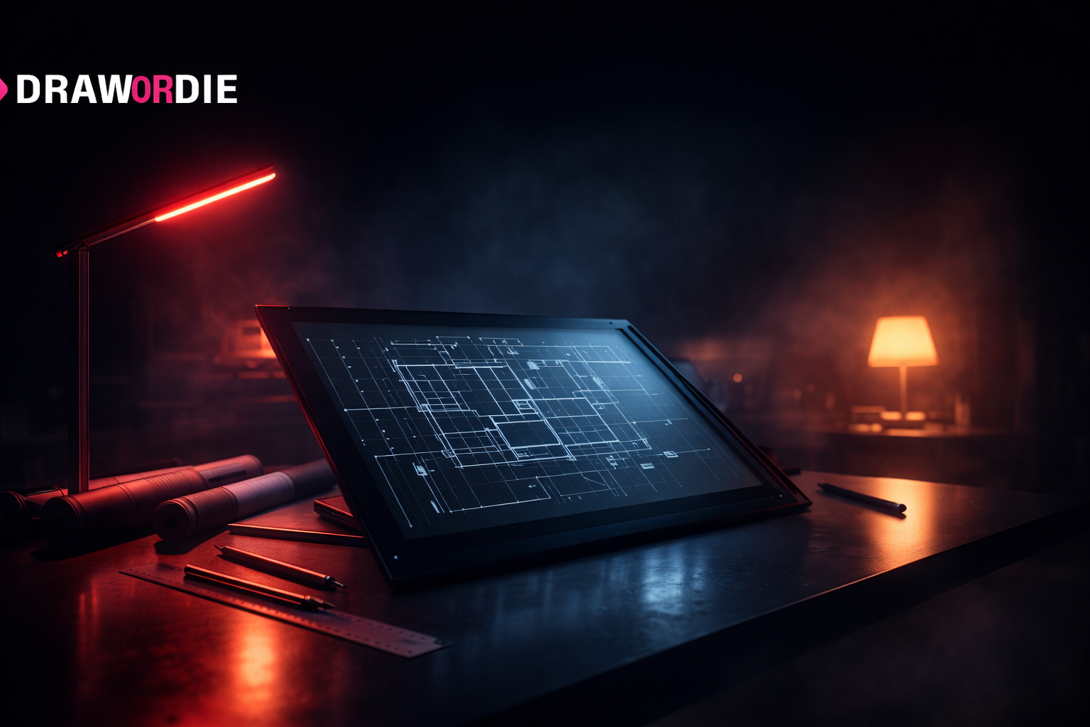 Gece ışığında mimarlık çalışma masası, pafta ve çizim düzeni