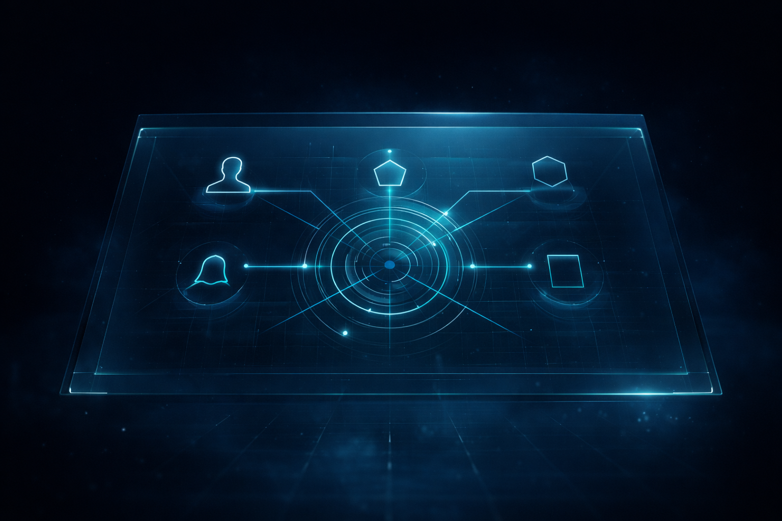 Fütüristik holografik yapay zeka jüri paneli ve çoklu persona görünümü